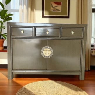 Vintage Kommode Braun Hellbraun Messingkreis chinesisch Schrank Sideboard Kolonial-Stil Antik-Stil Lowboard asiatisch orientalisch Fernost shabby-chic Landhaus