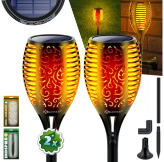 KESSER® Gartenfackel Solar Set Solarleuchten Flamme mit Wandhalterung + Erdspieß Licht-Sensor Wetterfest Garten Solarleuchte Fackel Lichter LED Gartenlampe Solarlampe Flammenlicht 2er Set, 96 LED´s