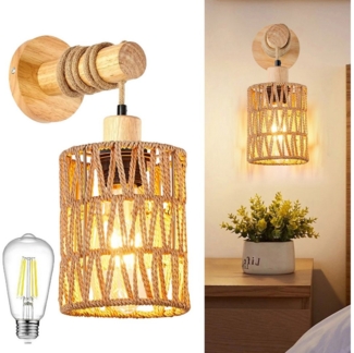MUPOO LED Wandleuchte Vintage Innen Wandleuchte,E27 Retro Holz Wandlampe, Warmweiß Glühbirne, LED fest integriert, mit Rattan Lampenschirm,Handgewebte im Farmhouse - Stil