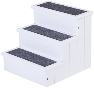 PawHut Haustiertreppe 3 Stufen Tiertreppe Katzentreppe Hundetreppe (Haustierleiter, 1-St, Einstiegshilfe mit Teppich), Tannenholz Weiß 40,5 x 44,5 x 38 cm