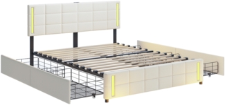 Merax Polsterbett mit LED-Beleuchtung, höhenverstellbarem Kopfteil, 4 Schubladen & 2 USB-Stecker, Leinen, 140x200 cm, Beige
