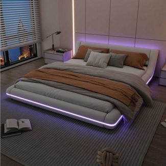 BlingBin Polsterbett Bodenbett (1-tlg, mit LED-Umgebungsbeleuchtung, 24-Tasten-Fernbedienung), 160x200 cm Bodenbett in Weiß aus PU und MDF