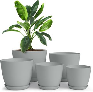 Utopia Home 5er-Pack Blumentopf 18/17/15/13/12 cm Übertopf mit Untertasse Für Küche, Balkon Blumentöpfe mit Untertasse Gartenpflanzen, Baumschule Blumentopf für Zimmerpflanzen Grau.