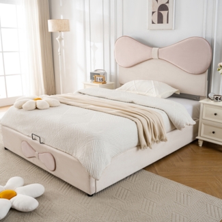 Polsterbett 140x200 cm aus Samt mit Stauraum und verstellbarem Kopfteil – modernes Doppelbett in Beige und Rosa