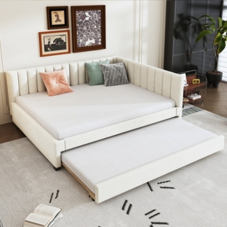 Merax Daybett 140x200 cm mit Ausziehbett 90x190 cm (Jugendbett Kinderbett, 1 tlg), Polsterbett Tagesbett Schlafsofa aus Samt