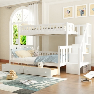 Ulife Etagenbett Massivholz Kinderbett 90x200/140x200cm, mit Rutsche und Regal, zwei großen Schubladen