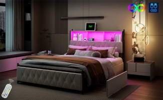 FUROKOY Polsterbett Doppelbett LED-Beleuchtung Schubladenbett mit 4 Schubladen (Polsterbett 160x200 cm mit Lattenrost, Kopfteil,Samtbett), (1 USB-Anschlüssen + 1 Typ-c),ohne Matratze