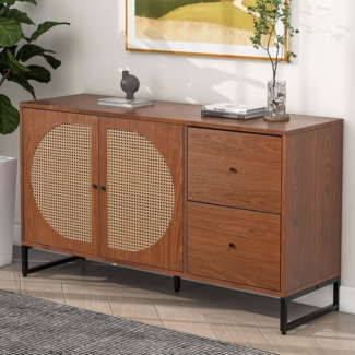 HAUSS SPOLE Sideboard Schubladenkommode, Sideboard Highboard Kommode (mit 2 Rattan verzierten Türen und 2 Schubladen Kommode Küchenschrank, 1 St), Highboard mit Metallgriffe