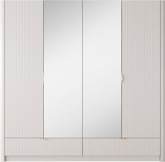 Furnix Kleiderschrank Katine Schrank viertürig mit Spiegel goldene Griffe Beige 208,4x213x54,6 cm, Design & Funktionalität