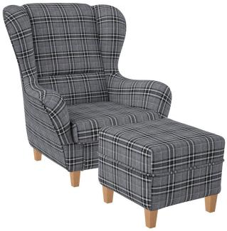 Supellex Ohrensessel Sofia Relaxsessel mit Hocker Design Oxford Grau