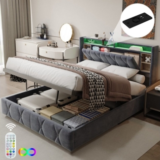 PXloue Stauraumbett Elegantes Bett mit LED-Beleuchtung und Stauraum, Samtbezug, Kopfteil, USB – perfekt für Schlafzimmer.