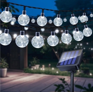 Jibenhome LED Solarleuchte Solar Lichterkette 2/8 Modi Wasserdicht, LED Kugel Weihnachtsdeko, Weiß-5M, 20 LEDs, LED fest integriert, LED Bubble Crystal Ball für Terrasse Garten Hof Party Weihnachten