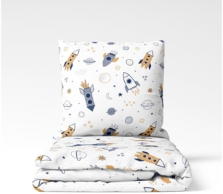 MTOnlinehandel Kinderbettwäsche Space Weltall-Abenteuer 135x200 + 80x80 cm in Renforcé, Rakete, 100% Baumwolle, 2 teilig, Galaxis • Weltall • Blau • Weiß • Beige