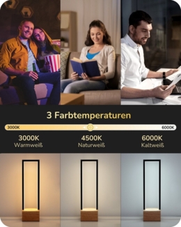 EDISHINE LED Nachttischlampe Touch Dimmbar, LED fest integriert, Tischlampe aus Metall, 3 Farbtemperaturen