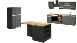 Dmora Vollständige Küche Appiah, Set mit Speisekammer, Küchenzeile Schrank, Blockbausatz mit Insel und Kühlschrankträger, 100 % Made in Italy, Anthrazit und Eiche