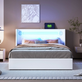 MODFU Polsterbett Kinderbett mit LED-Lichtleiste, Bluetooth-Player und USB-Aufladung, 140 x 200cm Polsterbett aus Kunstleder mit Lattenrost, Weiß