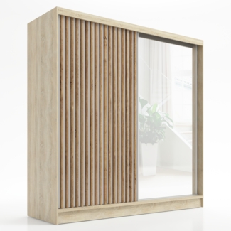 A&J MöbelLand 'LINA' Schwebetürenschrank, mit 3 Schubladen, 3D-Lamellen und Spiegel, MDF Sonoma, 215 x 60 x 200 cm