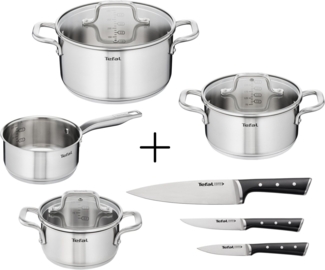 Tefal Topf-Set Virtuoso 7er + Ice Force, Edelstahl (Set, 10-tlg, 1 Kasserolle 16 cm, je 1 Kochtopf mit Deckel 16/20/24 cm, 3 Kochmesser), Set: Edelstahl-Topfset (alle Herdarten), Induktion