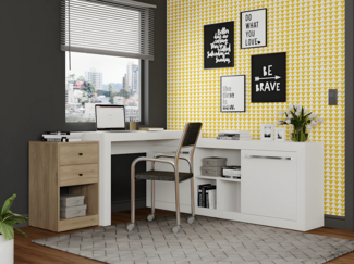Vente-unique - Eckschreibtisch mit 2 Schubladen & 2 Türen - Weiß & Eichefarben - EVAN
