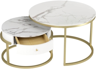 Couchtisch Weiß Gold Marmor Rund Set Stauraum Moderne Wohnzimmertisch
