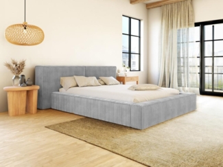 Vente-unique - Bett mit Bettkasten + Matratze - 180 x 200 cm - Grob gerippter Cord - Hellgrau - TIMANO von Pascal Morabito