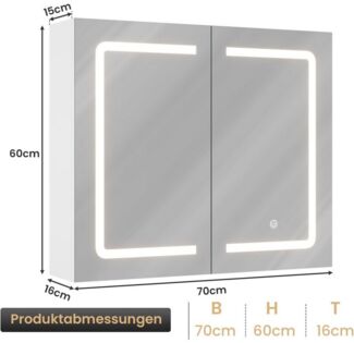 MSMASK Badezimmerspiegelschrank mit LED-Beleuchtung & Steckdose, 3 dimmbare Farbtemperaturen (1-St) Badezimmerschrank Spiegelschrank, 70x16x60cm, Weiß