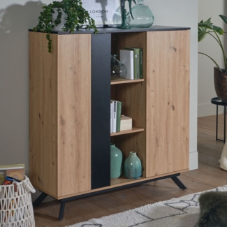 FINEBUY Highboard Sideboard 110x125x40 cm MDF Eiche Dekor Kommode Anrichte (110x125x40 cm MDF Eiche-Optik / Schwarz, Kommode), Sideboard Anrichte Modern, Standschrank 2 Türen