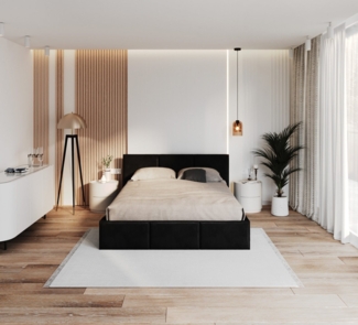FDM Polsterbett Bettrahmen Bettgestell 90x200, 120x200, 140x200, 160x200, 180x200cm (MADE IN EU - mit hochwertigem Velours Bezug, Bettrahmen, Bett, Optional mit Matratze bestellbar, mit großen gepolsterten Kopfteil, mit Bettkasten zum aufklappen), Meta...