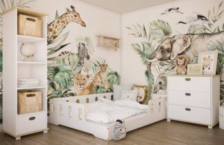 Kids Collective Kinderbett 90x200 140x200 cm Bodenbett mit Rausfallschutz und Lattenrost, weiß-natur bodentief Bett Jugendbett Einzelbett 200x140