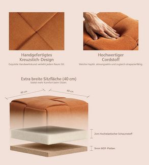 Zedelmaier Sitzhocker Würfel Cord, Sitzcube Ottoman, Fußhocker aus Cordstoff