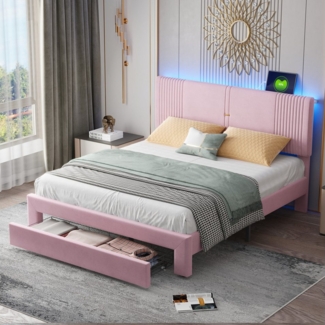 Flieks Polsterbett, LED Doppelbett 160x200cm mit 2 USB-Ladeanschlüsse und großer Schublade