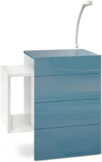 Vladon Nachttisch Queens, Nachttischschrank mit 2 Schubladen und 1 seitlichem Fach zur Wandmontage, Weiß matt/Petrol Hochglanz, inkl. LED Flexi Lampe weiß (60 x 63 x 36 cm)