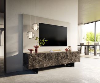 Lowboard Cuor 180 cm Keramik Emperador Extra Lucidato Dunkelbraun 1 Klappe 2 Schubfächer Fuß Schwebeoptik Metall Schwarz