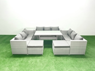 Fimous Polyrattan Gartenmöbel Set 11 Sitzer Garten Sofa Rechteckiger Esstisch Set mit 2 Großer Hockern Beistelltisch Hellgrau gemischt