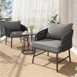 MC Star Balkonset 3-teiliges,Balkonmöbel-Set, handgeflochtenes Seil, Glastischplatte, (Stühle mit einer Tragkraft von 160 kg, geeignet für Terrasse, Garten und Balkon, Grau)
