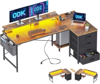 ODK Eckschreibtisch 160x80cm mit 4 Schubladen USB LED Braun