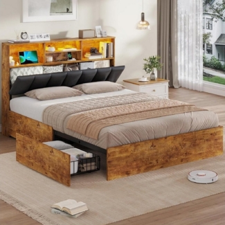 MSMASK Polsterbett Jugendbett, 140×200 cm mit Ladestation und LED-Beleuchtung (Ohne Matratze), Doppelbett mit 4 Schubladen