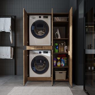 Roomart Waschmaschinenschrank - SERIE DORA 1 – 115 cm breit - Wasch- & Trocknerschrank mit Türen & Ausziehbrett Waschmaschinen-Überbau für Waschküche & Hauswirtschaftsraum , V2 - HBT: 186 X 115 X 73.8 cm, 4x Regalböden • Weiß Eiche