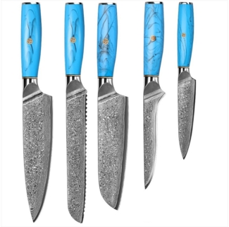 KingLux Messer-Set 5 Teilig Damaststahl Küchenmesser Chefmesser set mit Harzgriff (5-tlg)