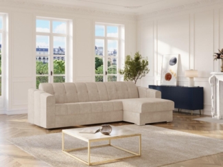 Vente-unique - Eckschlafsofa mit Matratze - Ecke wechselbar - Strukturstoff - Beige - Liegefläche 140 cm - Matratze 22 cm - DARIELO