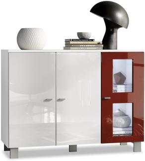 Vladon Sideboard Denjo, Kommode mit 3 Türen, Weiß matt/Weiß Hochglanz/Bordeaux Hochglanz, inkl. LED-Beleuchtung (107 x 81 x 35 cm)