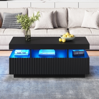 Couchtisch 100 x 50 x 45 cm, Schwarz mit vertikalen Streifen, LED-Beleuchtung & 2 Schubladen