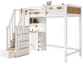 SOFTWEARY Hochbett mit Schreibtisch und Aufbewahrung (90x200 cm) Kinderbett mit Rausfallschutz, Kiefer