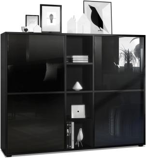 Vladon Highboard Cuba V3, Schwarz matt/Schwarz Hochglanz - Moderne Anrichte mit 12 Fächern (130,5 x 105,5 x 35,5 cm)