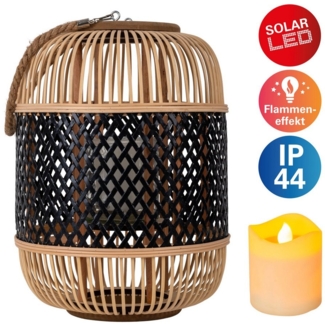 näve LED Dekolicht Korbinian, Tageslichtsensor, LED fest integriert, Warmweiß, Rattankorb natur/schwarz mit Griff inkl. Solarkerze mit Flammeneffekt