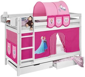 Lilokids 'Jelle' Etagenbett 90x190 cm, Eiskönigin Rosa, Kiefer massiv, mit Vorhang und Lattenroste