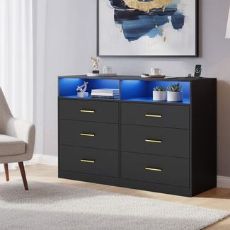 VASAGLE Kommode mit LED-Beleuchtung und Ladestation, 6 Schubladen, modern, Schlafzimmer Wohnzimmer, schwarz