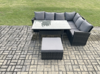 Fimous 7 Sitzer Garten Rattanmöbel Ecksofa Esstisch Set mit Großer Fußhocker