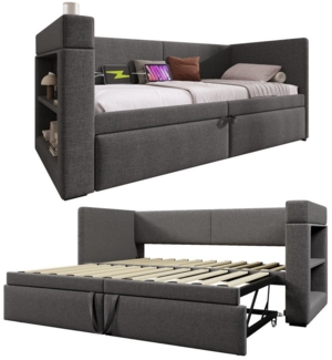 REDOM Polsterbett mit ausziehbarem Bett, Leinen-Baumwoll-Material (Daybett, Schlafsofa mit Ausziehbett, Leinen-Mischgewebe, 90x200 cm, mit Matratze (H16cm), mit Armlehnen, mit USB- & Type-C-Ladeanschluss und Getränkehalter
