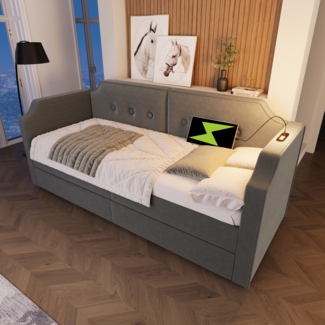 Polsterbett 90x200 cm aus Samt mit Stauraum und USB- und Type-C-Anschlüssen – mit Leselampe